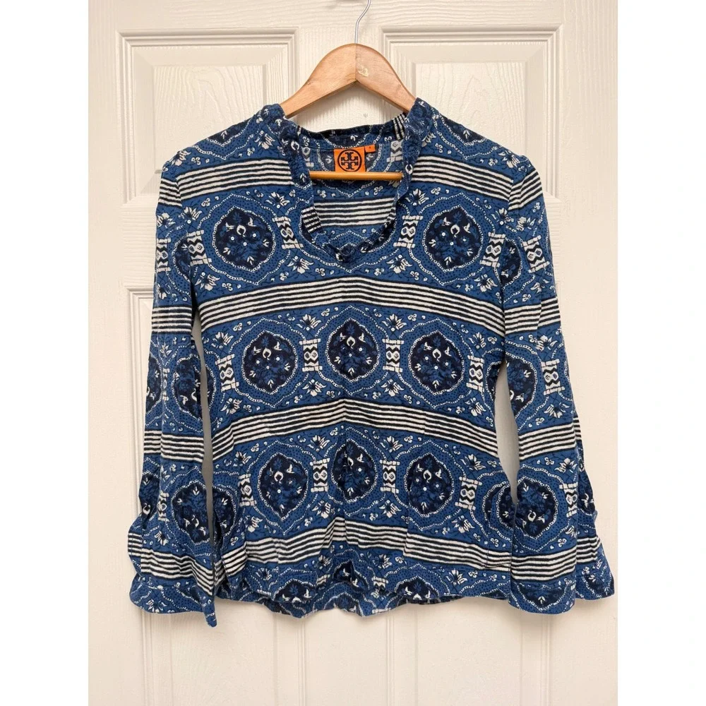 Tory Burch Blue White Medallion Tile Print Split Neck Tunic Top Size 0